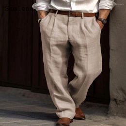 Men's Pants Samlona 2023 Men Casual Straight Linen Solid Khaki White Stand Pocket Trousers Plus Size Mens Elegant Fashion Sweatpants