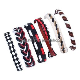 Charm Bracelets Simple Genuine Leather Bracelets 6Pcs/Set Fashion Mtilayer Braided Weaved Wrap Jewellery For Women Vintage Mens Wristban Dhufk