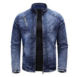 Men's Jackets New Motorcycle Denim Jacket Men Retro Zippers Stand Collar Denim Coats Mens Cotton Slim Fit Denim Jacket Moto Biker OuterwearL231122