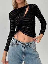 Women's T Shirts Women Hollow Out Crochet Knit Crop Tops Colour Block Long Sleeve Square Neck Fall Sweaters