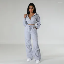 Women's Two Piece Pants 2023 INS Solid High-end Casual Young Overalls Sweet Hooded Full Sleeve High Waist Long Wide Leg Women 2 Set