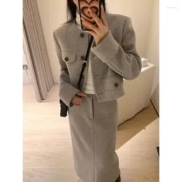 Two Piece Dress UNXX 2023 Autumn Winter Arrivals Grey Tweed Office Lady Style Suit Set With Short Jacket And Straight Skirt High Quality