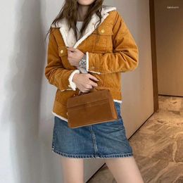 Women's Jackets High Quality Lamb Wool Corduroy Coat Women Classic White Stitching Orange Long Sleeve Single-breasted Slim Outwear 23 Winter