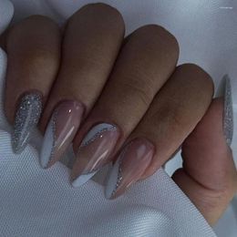 False Nails Long Almond Manicure Simple Silver White Edge Nail Tips French Detachable Fake Nials DIY