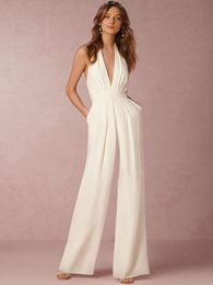 Women's Jumpsuits Rompers Fitshinling Deep V Neck Elegant Jumpsuit Women Slim Sleeveless Romper Summer Backless Sexy Wide Leg Overalls Fashion White 230422