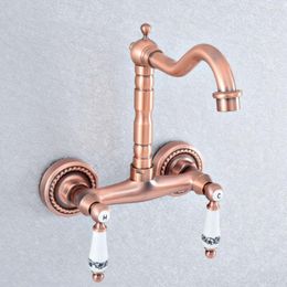 Kitchen Faucets Antique Red Copper Brass Swivel Spout Bathroom Basin Vessel Sink Mixer Tap Wall Mount Dual Handle Lsf888