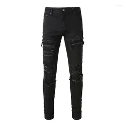 Men's Jeans Solid Colour Black Designer Rhinestones Patchworks Trousers Torn Slim Fit Pencil Denim Pants For Men