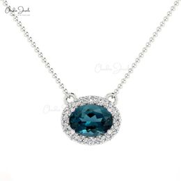 Female Elegant Solitaire London Blue Topaz 14K Solid Gold Diamond Halo Necklace Women Fine Jewellery Wholesaler From INDIA