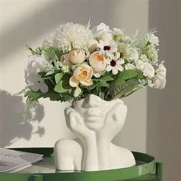 Nordic Style Flower Vase Women Body Half Face Flower Pot Vase Ceramic Art Crafts Bedroom Living Room Desktop Decoration 220809336n