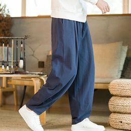 Men's Pants Chinese Style Baggy Trousers Wide Leg Cotton Linen Blend Elastic Waist Loose Casual Harem