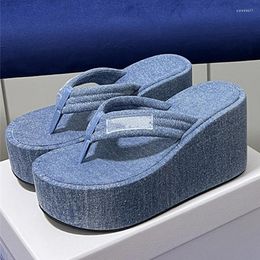 Sandals 2023 Mercerized Fabric Herringbone Thick Sole High Heel Slippers Platform Women's Shoes Summer