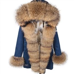 Women's Fur Faux Fur Maomaokong Real Raccoon Fur Coat Collar Denim Coats Winter Jackets Women Parkas Hooded Real Rabbit Fur Liner Women's Jacket 231122