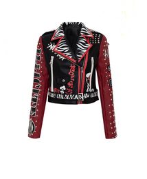 Women's Pu Leather Jackets Graffiti Floral Letter Cartoon Print Punk Motorcycle Biker Zip Rivet Chain Waist Woman's Coats Contrast Colour Outerwear 8802