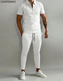 Men's Tracksuits Solid Color Men's Suit Summer Casual Short Sleeve Polo Shirt Calf Pants for Men Streetwear Male Tracksuit 2-piece Set 230422