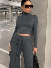 Women's Two Piece Pants Turtleneck Sweatshirts Suit Women Long Sleeve Slim Crop Top Drawstring Wide Leg Pant 2 Sets Casual Sporty Lady Set