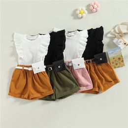 Clothing Sets Summer Kids Clothes Girls Suit Baby Flying Sleeves Ribbed Tank TopsShorts with Belt 3Pcs Set Children's Clothing 230422