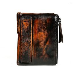 Wallets Vintage Leather Men's Zipper Wallet Retro Vertical Casual Short Driving Licence Head Coin Purse