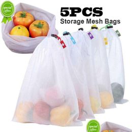 Other Home & Garden New 5Pcs Reusable Fruit Vegetable Storage Bags Washable Net Mesh Kitchen Organiser Food Packaging Bag Produce Drop Dhtau