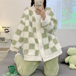 Women's Sleepwear Plaid Women Pyjamas Set Fleece Sleepwear Winter 2 Piece Pant Home Suit Fluffy Button Cute Piiama Warm Korean V-neck Night Wear 231122