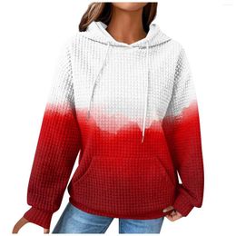 Women's Hoodies Waffle Sweatshirt Casual Round Neck Pullover Top Gradient Printed Long Sleeve Sweatshirts 2023 Loose Hooded T Shirt