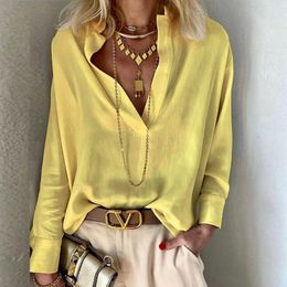 Women's Blouses Blusa Mujer Moda 2023 Yellow Shirts Vintage Stand Collar Pullover Lady Loose Long Sleeve Tops Womens Autumn Blusas