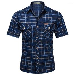 Men's Casual Shirts Summer Plaid Short Sleeve Military Army Cargo Pure Cotton Business Chemise Homme Plus Size 5XL