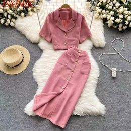 Two Piece Dress Chic Fashion Korean Summer Tweed 2 Piece Set Women Notched Collar Pink Short Blazer Coat Button Pocket Bodycon Long Skirts Suit 230422