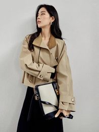 Women's Trench Coats ADAgirl Corduroy Patchwork Lapel Women Vintage Khaki Casual Coat Korean Style Old Money Aesthetic Office Lady Clothes