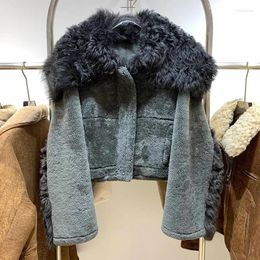 Women's Leather 2023 Style Women Genuine Sheepskin Shearling Jacket Real Lamb Fur Collar Lady Crop Thick Warm Coat