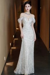 Mermaid Evening Dress Ivory with Silver Sparling Prom Gowns Shining Sequins Off the Shoulder Lace-Up Back