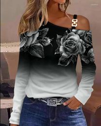 Women's T Shirts Women Top Casual Floral Print Cold Shoulder Long Sleeve Fashion Asymmetrical Collar Female Wear