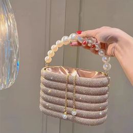 Evening Bags Crystal Metal Evening Clutch Bags Women Boutique Pearl Handle Shiny Colour Blocking Rhinestone Purses And Handbags Bridal Wedding 231122