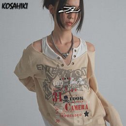 Women's T-Shirt KOSAHIKI Punk Asymmetrical Off Shoulder Long Sleeve T-shirt Women Harajuku Gothic Print Patchwork Tshirts Y2k Aesthetic Top 230421