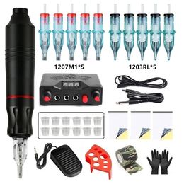 Tattoo Machine Rotary Pen Kit Power Supply Pedal With 10Pcs Cartridges Needle For Beginner Professional Set 231121