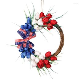 Decorative Flowers Patriotic Door Wreath Independence Day Front Red White And Blue Wreahth For Porch Fence