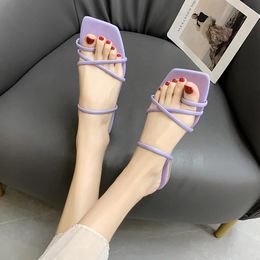 Slippers Purple Women Summer Square Head Flats Sandals Casual Outdoor Beach Clip-toe Shoes Flip-flops Gold Ladies Slides