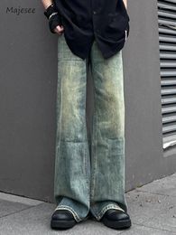 Men's Jeans Wide Leg Men Loose Full Length Mid Waist Bleached Washed Teenagers European Style Retro Harajuku Prevalent Minimalist Chic