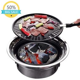 BBQ Charcoal Grill Portable Household Korean Round Carbon Barbecue Camping Stove for Outdoor Indoor and Picnic 210724280S