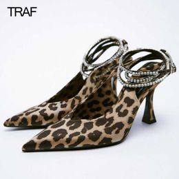 Dress Shoes TRAF 2023 Woman Leopard print High Heels Transparent Heels Women Pumps Rhinestone Spring Butterfly Heels Slingback Heeled Shoes