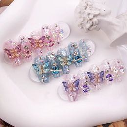 False Nails Purple Glitter Rhinestone Butterfly Handmade Press On Nails Y2K Long Short False Nails Girl Jewellery Reusable Fake Nails Tips 231121