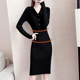 Casual Dresses Autumn Dress Stylish Women's Knitted Midi Solid Colour V Neck Long Sleeve High Elasticity Soft Fabric For Fall Winter