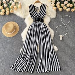 Women's Jumpsuits Rompers Long Jumpsuit Summer Woman Temperament V-neck Chiffon Striped Waist Korean Version Sleeveless Jumpsuit Wide-leg Jumpsuit 230422