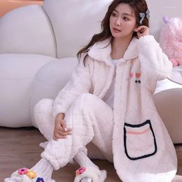 Women's Sleepwear Autumn Winter Medium Length Nightgown Coral Fleece Pajama Set Bathrobe Sweet Nightdress Women Pant Simple Thickened