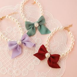 Dog Collars Leashes Pet Collars Kitten Dog Imitation Pearl Necklace Pet Bow Adjustable Collar Elegant Party Dress Up Neck Chain 230422