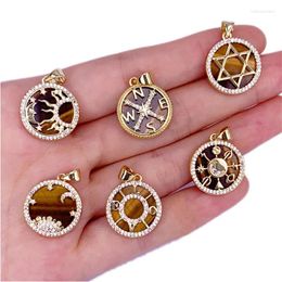 Pendant Necklaces Luxury Natural Stone Round Charm Accessories Copper Pave Zircon Tiger-eye Hexagram/Love/Moon/Letter Necklace