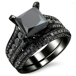 Wedding Rings Fashion Retro Gold Plated Princess Cut Black Or Blue Rhinestone Engagement Ring Set Size 5-12