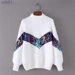 Women's Sweaters 2023 New Women's Sweater Autumn And Winter New Fashion Half-high Collar Mohair Embroidery Sequins Lantern Sle SweaterL231122
