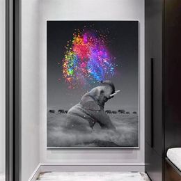 Baby Elephant Blowing Rainbow Abstract Art Posters and Prints Canvas Paintings Wall Art Pictures for Living Room Home Decoration C244m