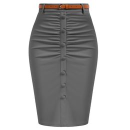 Skirts Vintage Ruched Skirt With Belt High Waist Slim Fit Hips-wrapped Pencil Skirt Front Slit Knee Length Bodycon Skirt Business 230422