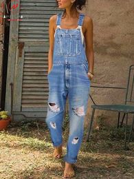 Women's Jumpsuits Rompers Fashion Women Denim Rompers for Streetwear Hollow Out Design Pockets Decor Sling Sleeveless Mid Waist Casual Loose Jumpsuits 230422